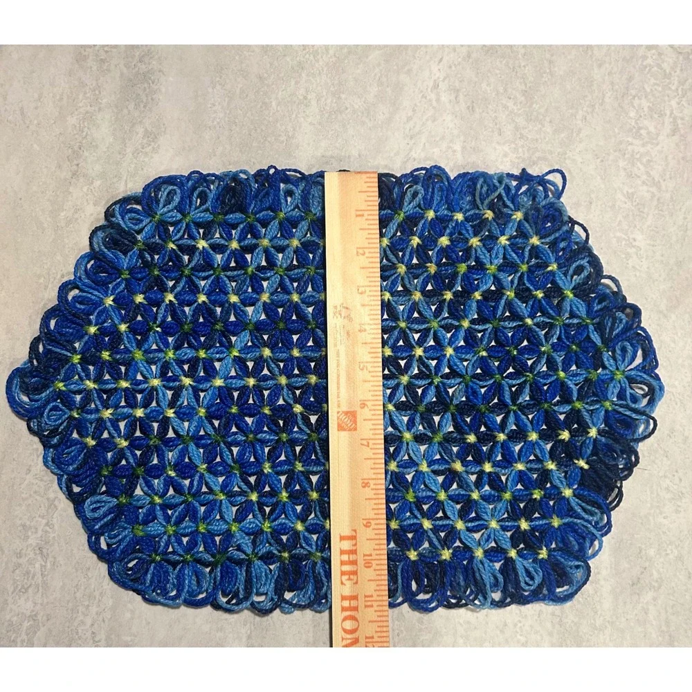 Vintage Handmade Woven Blue Green Floral Placemats Set of 4 Retro Boho Decor.GM